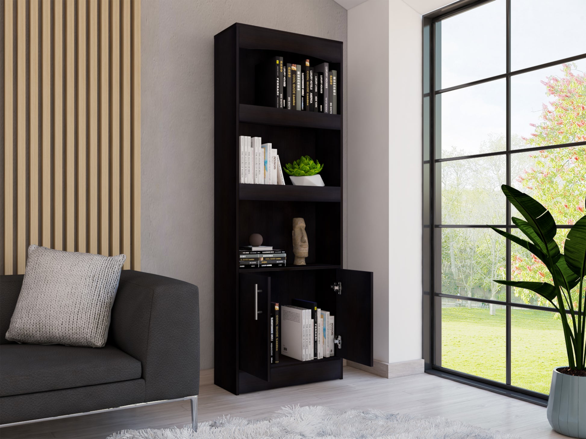 Bookcase Denver, Metal Hardware, Black Wengue Finish Black Particle Board