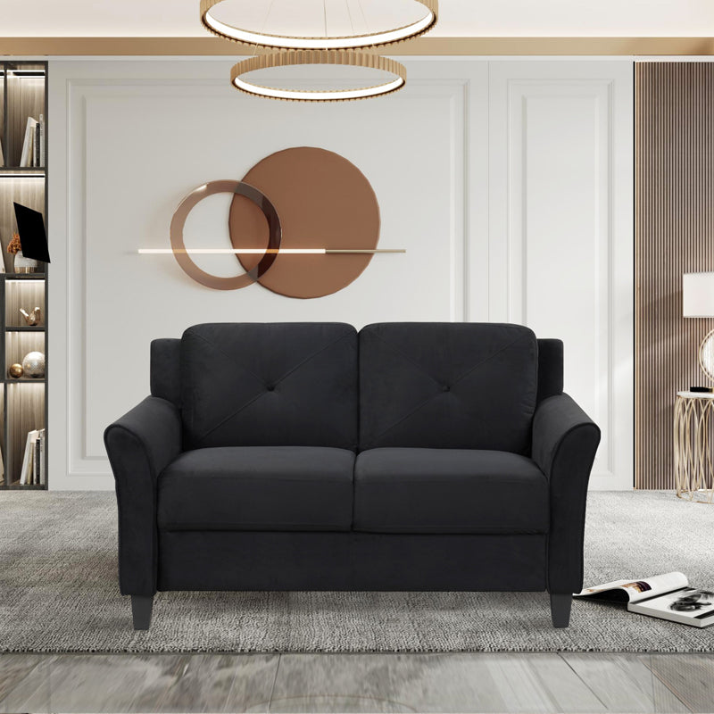 Fashionable Living Room Sofa With Double Seats, Black Fabric Antique Black Brown Velvet Wood Primary Living Space Soft Heavy Duty American Traditional Rubberwood Memory Foam And Polyurethane Foam Polyester 2 Seat