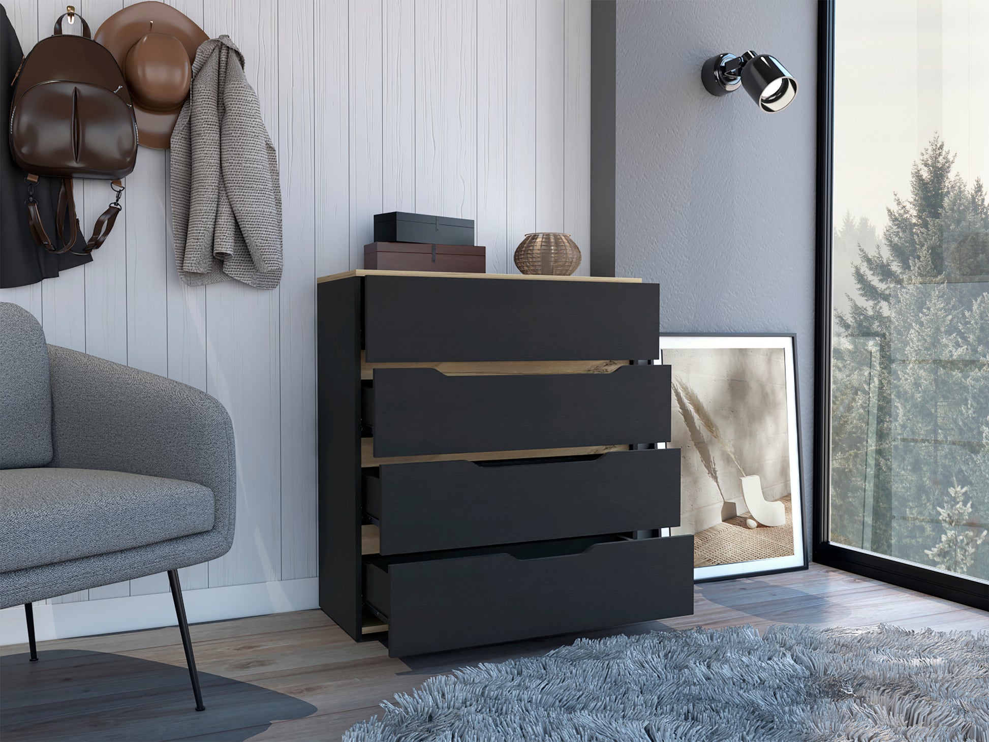 Dresser Oboe, Superior Top, Four Drawers, Black Wengue Light Oak Finish Light Oak Particle Board
