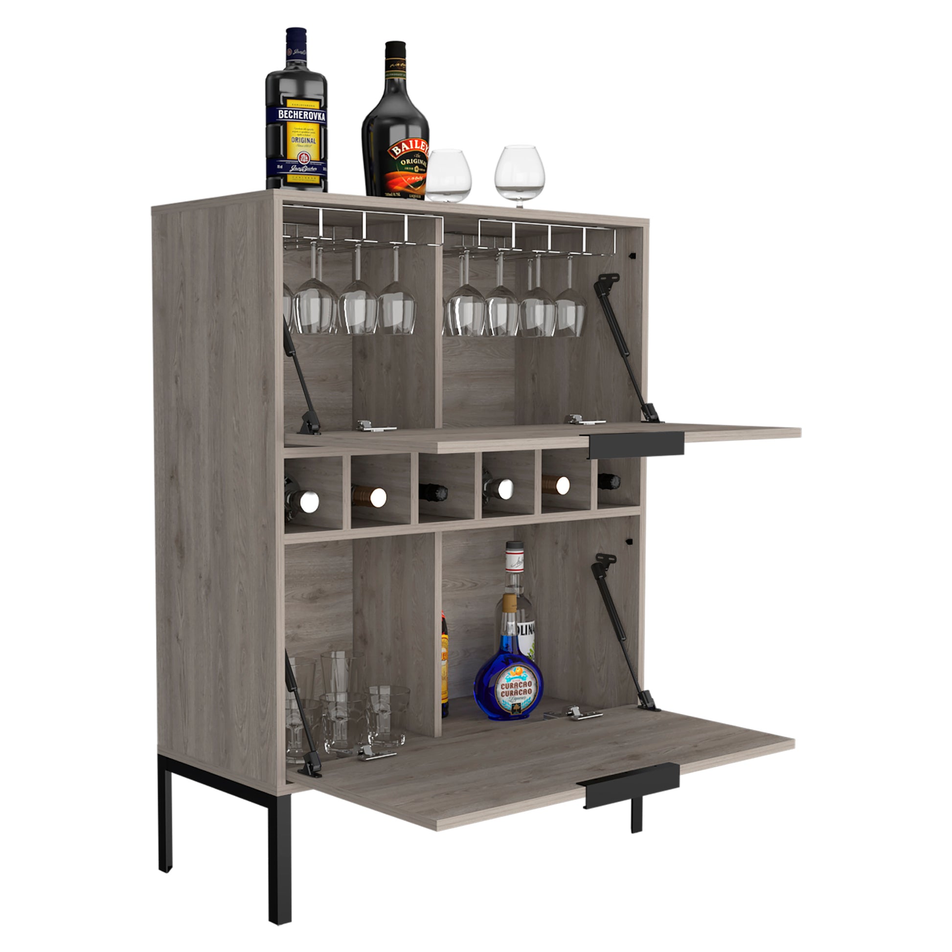 Bar Cabinet Puertu, Six Wine Cubbies, Double Door Cabinet, Light Gray Finish Light Gray Particle Board