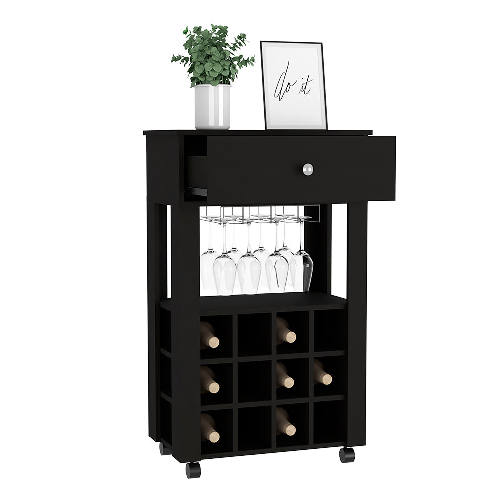 Bar Cart Bayamon, Twelve Wine Cubbies, Four Legs, Black Wengue Finish Black Particle Board