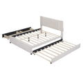 Queen Size Upholstered Platform Bed With 2 Drawers And 1 Twin Xl Trundle, Classic Headboard Design, Beige Beige Linen