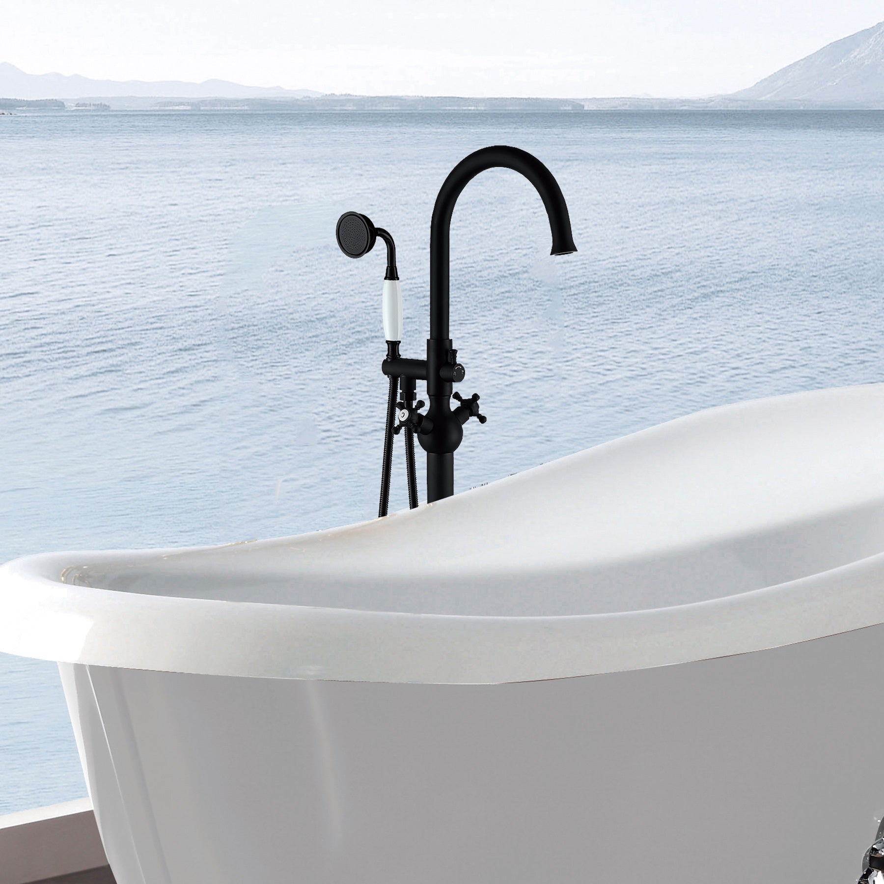 Freestanding Bathtub Faucet With Hand Shower Matte Black Metal