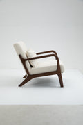 Mid Century Modern Accent Chair With Wood Frame, Upholstered Living Room Chairs With Waist Cushion, Reading Armchair For Bedroom Sunroom White Cotton Velvet