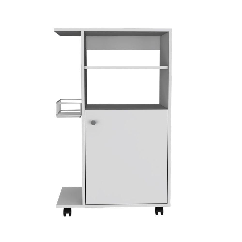 Kitchen Cart Kryot, Single Door Cabinet, Four Casters, White Finish White Particle Board