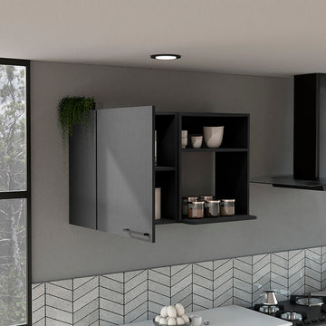 Kitchen Wall Cabinet Bussolengo, Two Shelves, Black Wengue Finish Black Particle Board