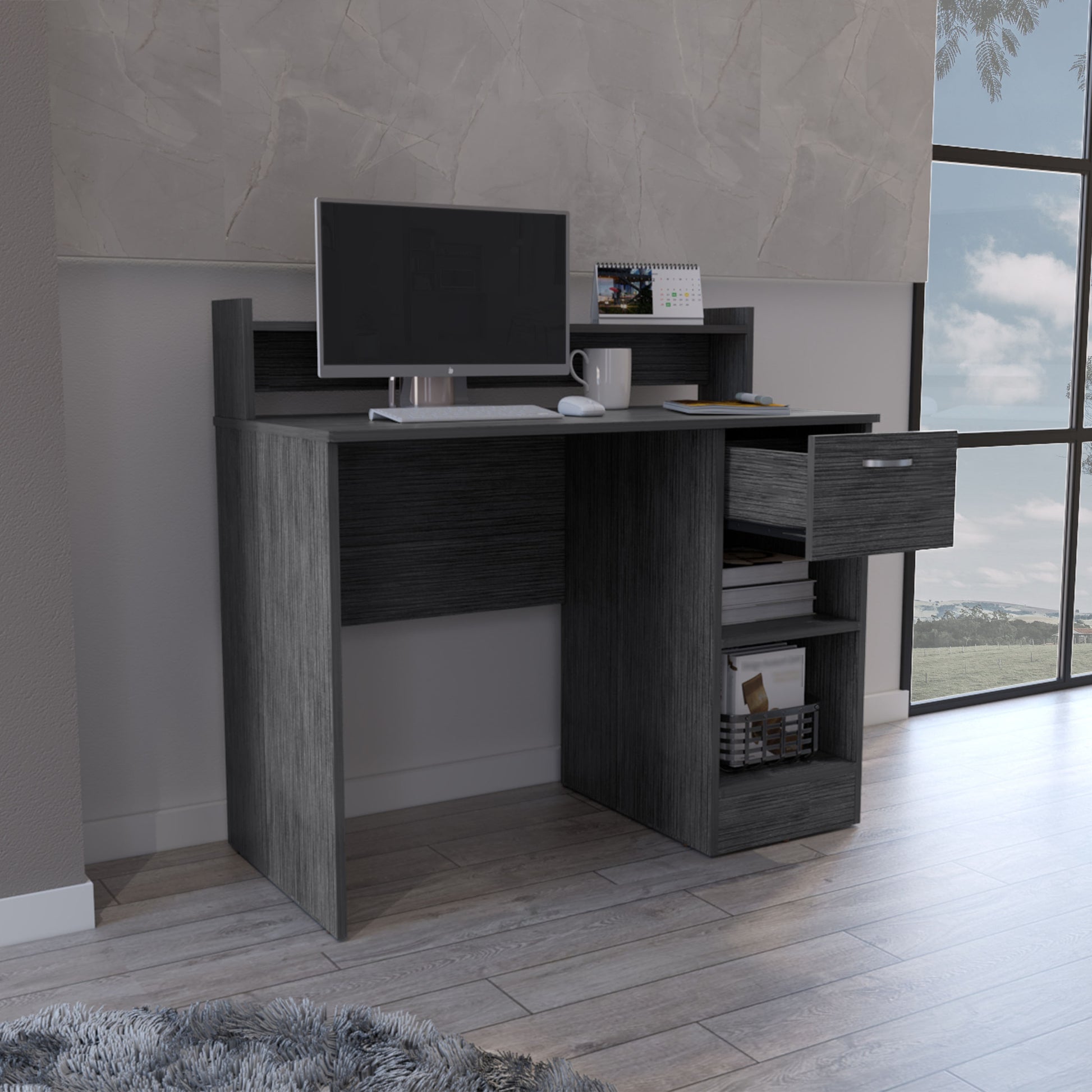 Computer Desk Delmar With Open Storage Shelves And Single Drawer, Smokey Oak Finish Gray Particle Board