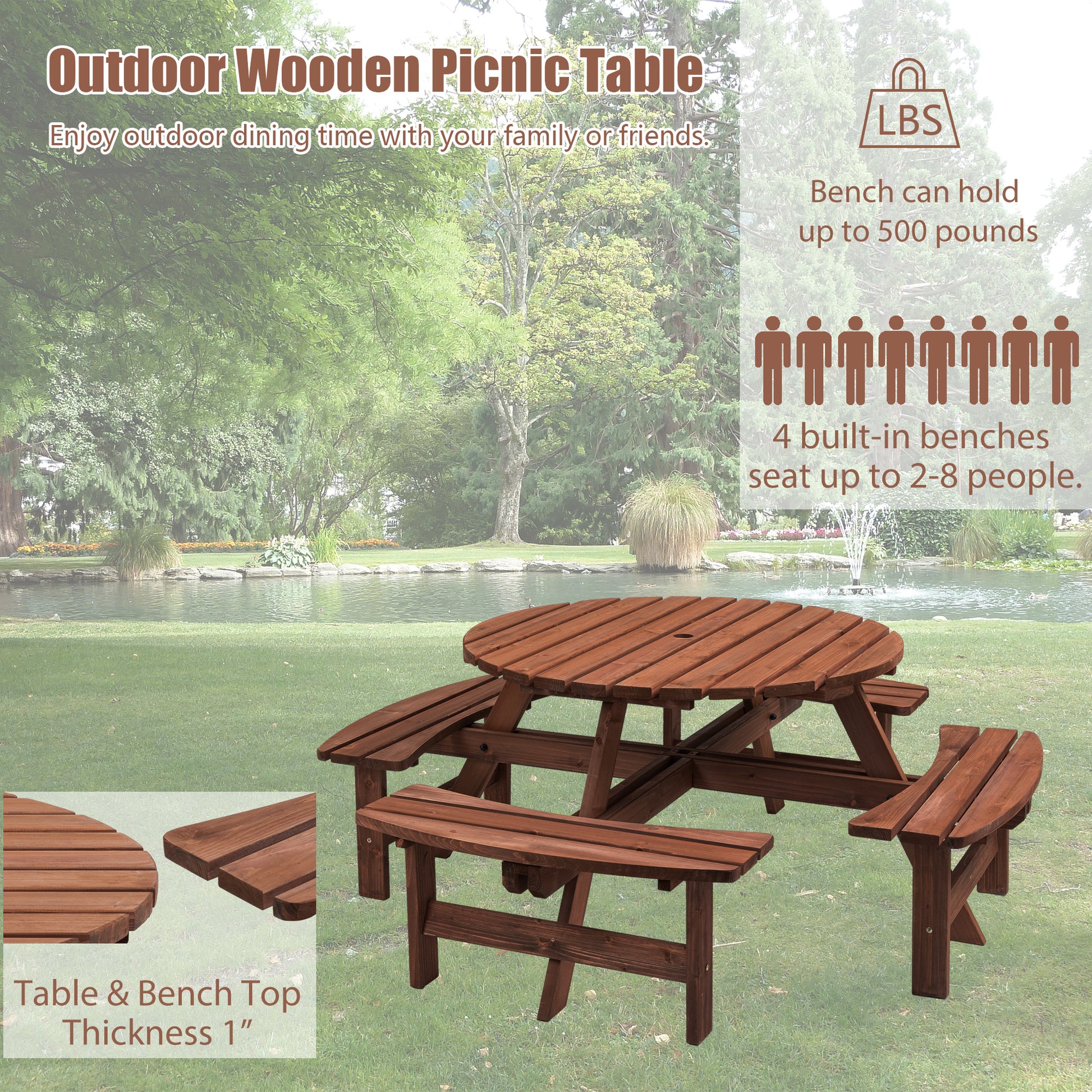 8 Person Wooden Picnic Table, Outdoor Camping Dining Table With Seat, Garden, Diy W 4 Built In Benches, 2220Lb Capacity Brown Solid Wood