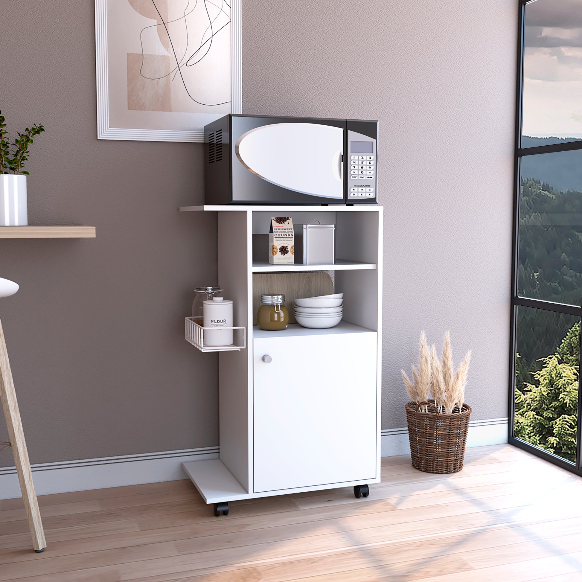 Kitchen Cart Kryot, Single Door Cabinet, Four Casters, White Finish White Particle Board