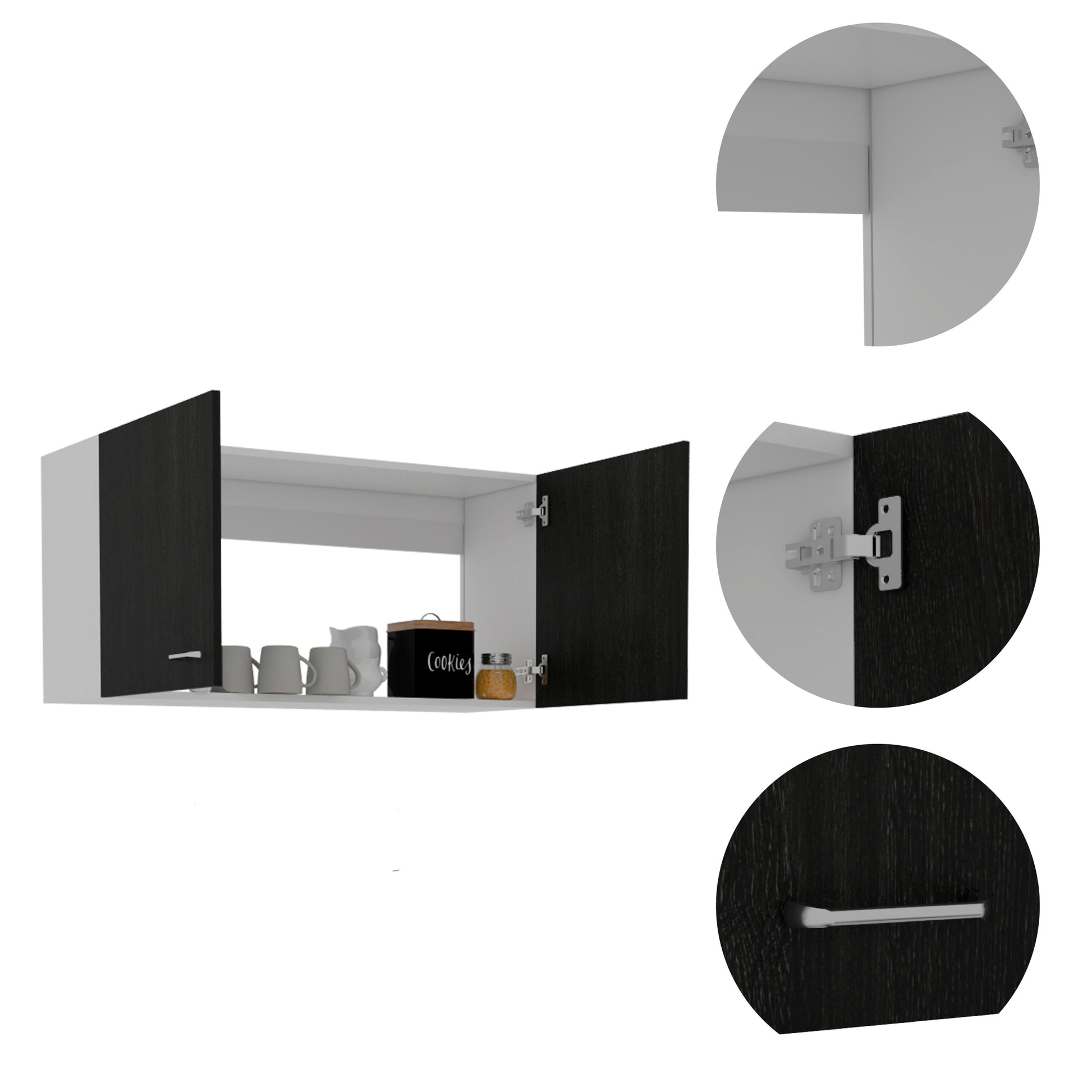 Wall Cabinet Toran, Two Shelves, Double Door, Black Wengue Finish Black Particle Board