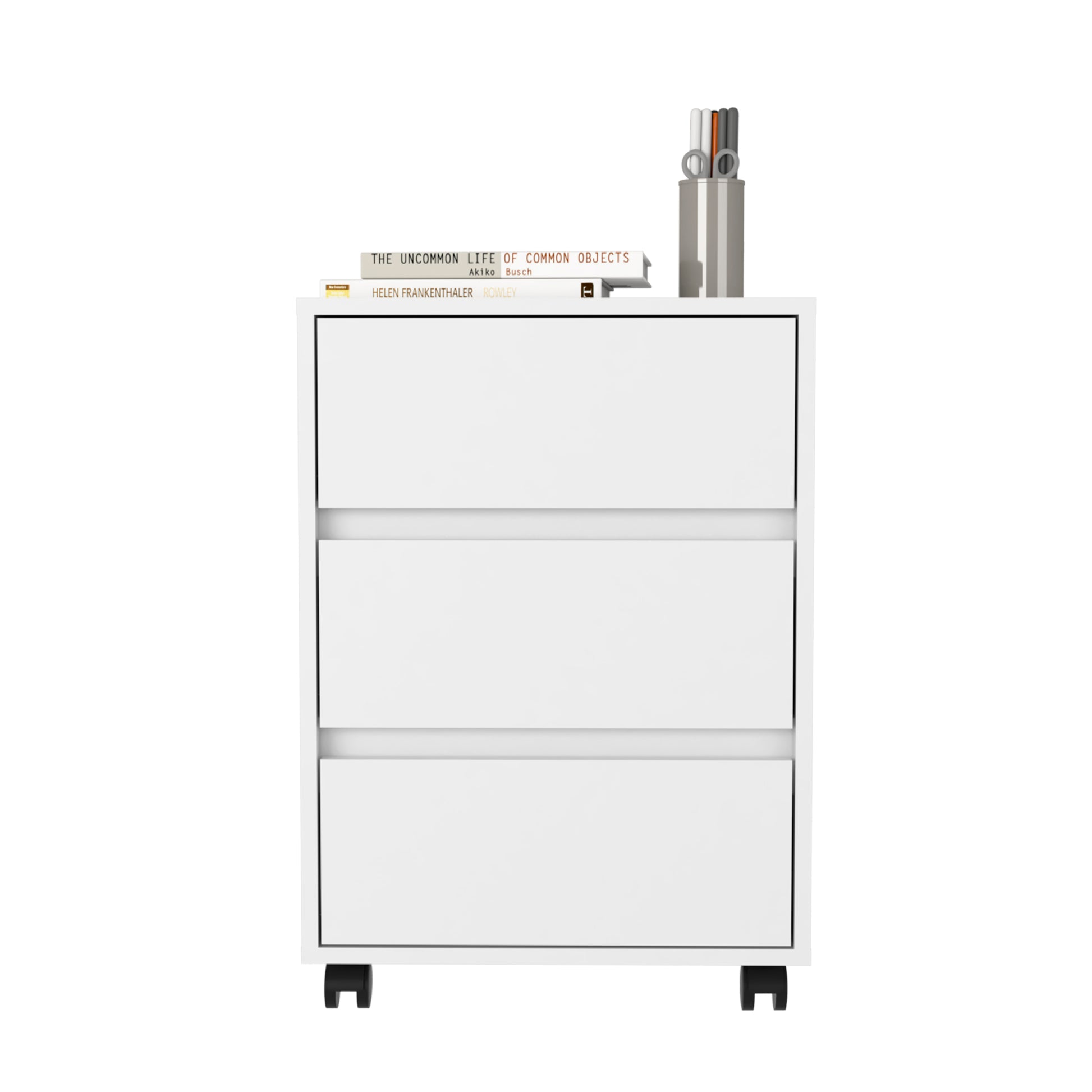 Three Drawers Bang, Filing Cabinet, Roller Blade Glide, White Finish White Particle Board