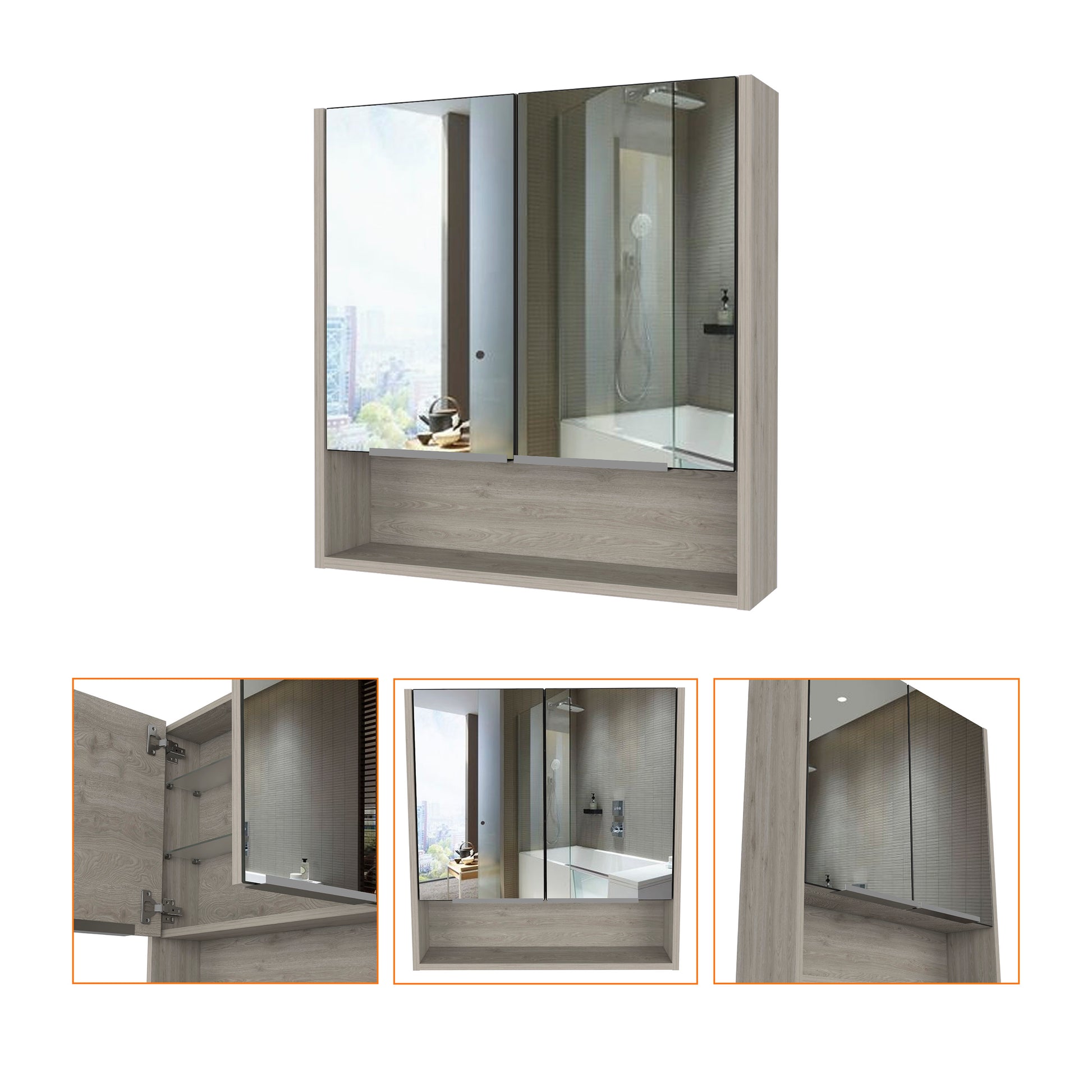 Medicine Cabinet With Mirror Lexington,Three Internal Shelves, Light Gray Finish Light Gray Particle Board