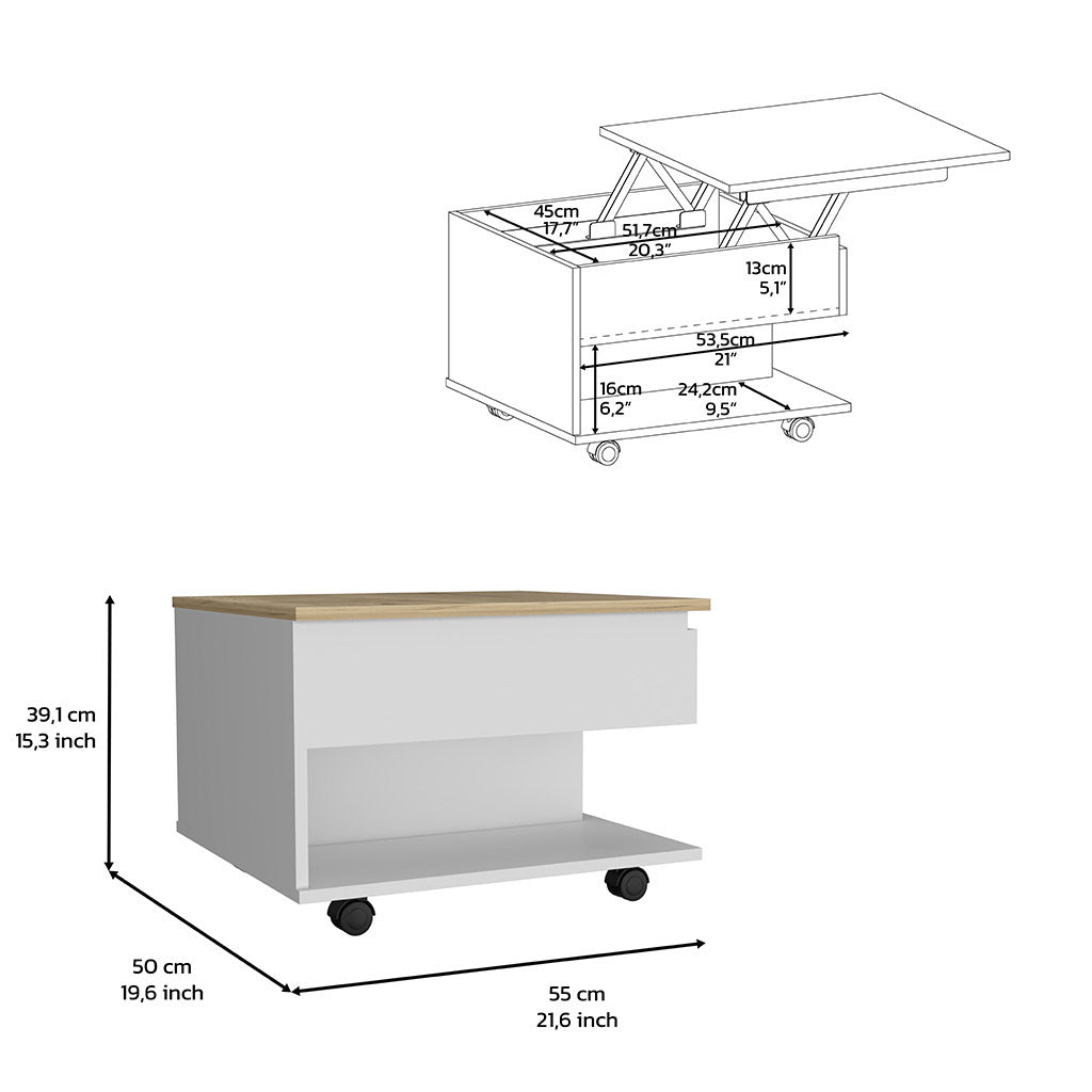 Lift Top Coffee Table Mercuri, Casters, White Light Oak Finish White Light Oak Particle Board