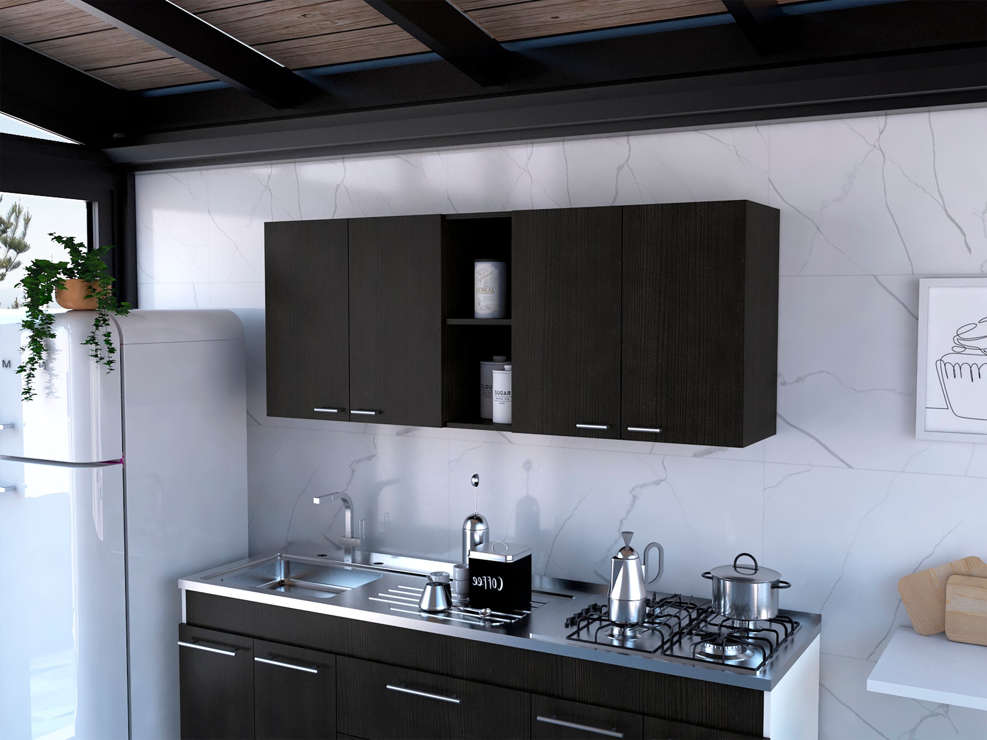 Wall Cabinet Ontario, Double Door, Black Wengue Finish Black Particle Board