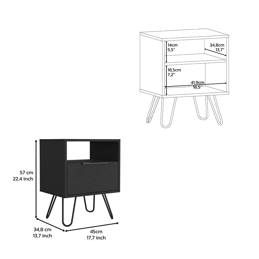 Nightstand Skyoner, Single Drawer, Hairpin Legs, Black Wengue Finish Black Particle Board