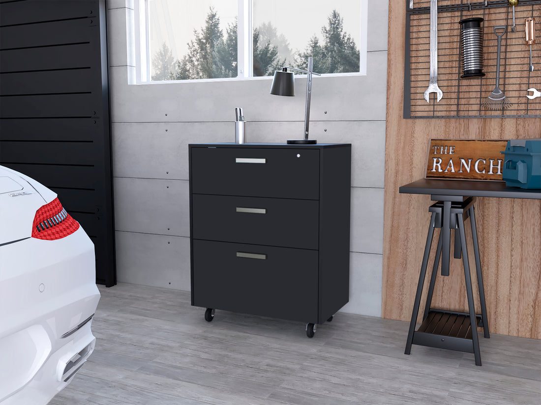 3 Drawers Storage Cabinet With Casters Lions Office, Black Wengue Finish Gray Particle Board