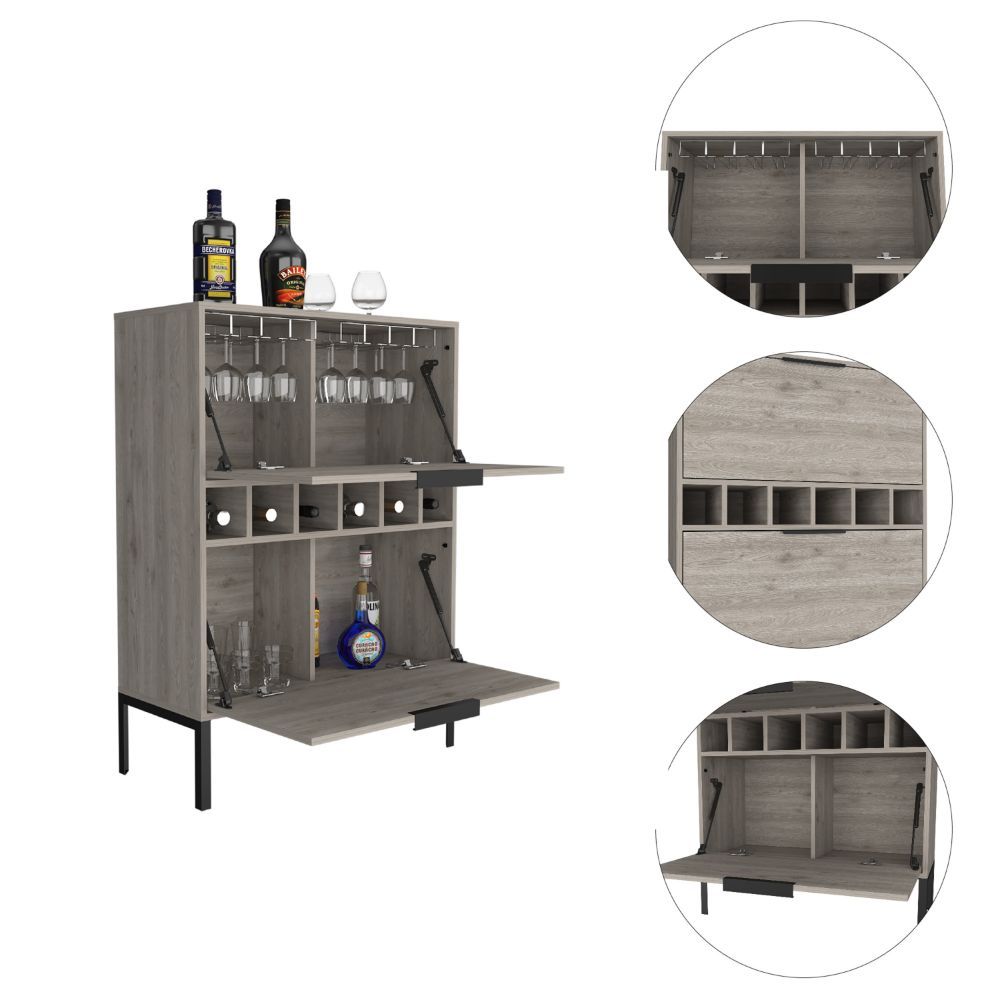 Bar Cabinet Puertu, Six Wine Cubbies, Double Door Cabinet, Light Gray Finish Light Gray Particle Board