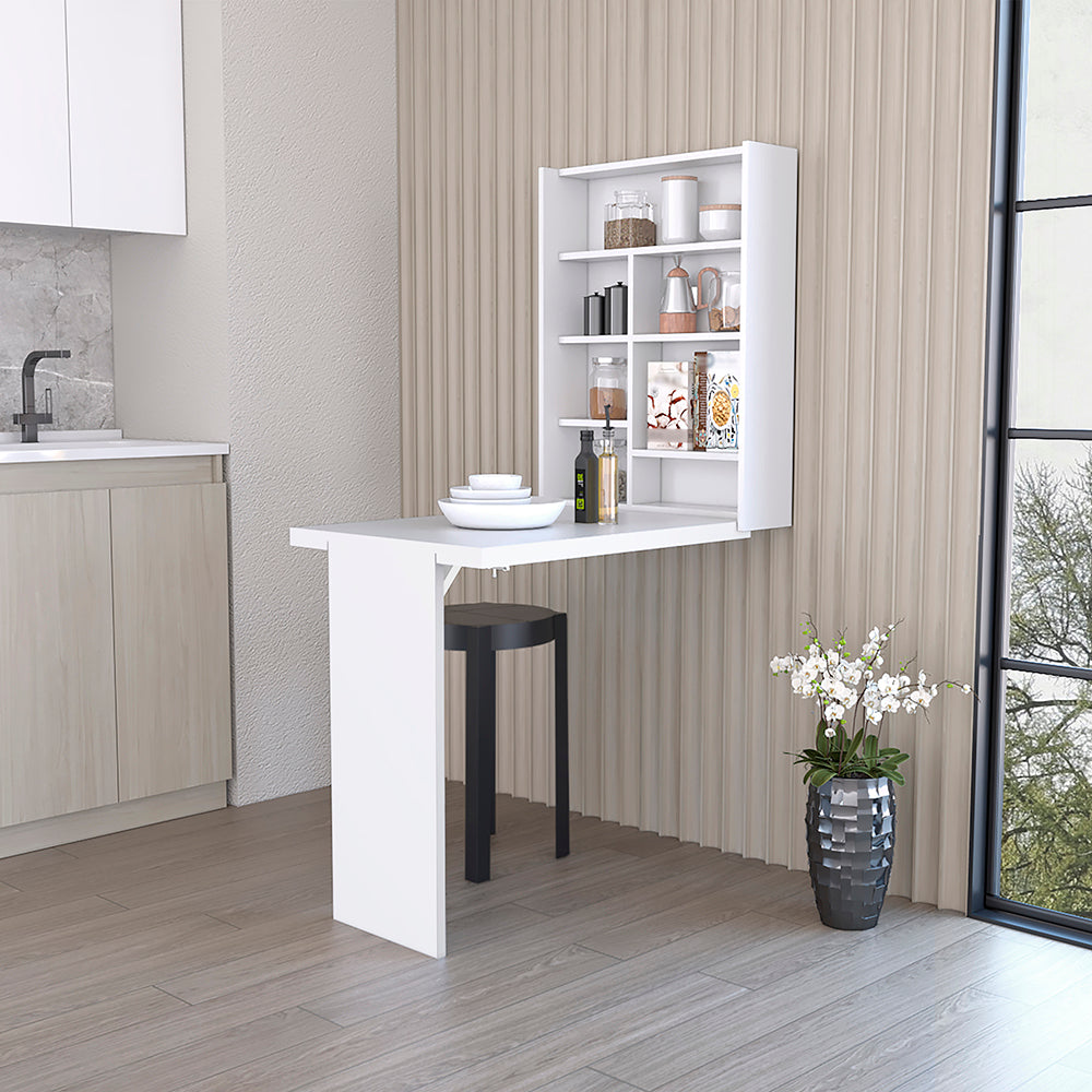 Foldable Table Tacoma, Seven Interior Shelves, White Finish White Particle Board