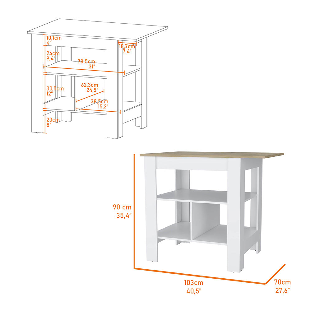 Kitchen Island Pompeya, Three Shelves, White Finish Multicolor Particle Board