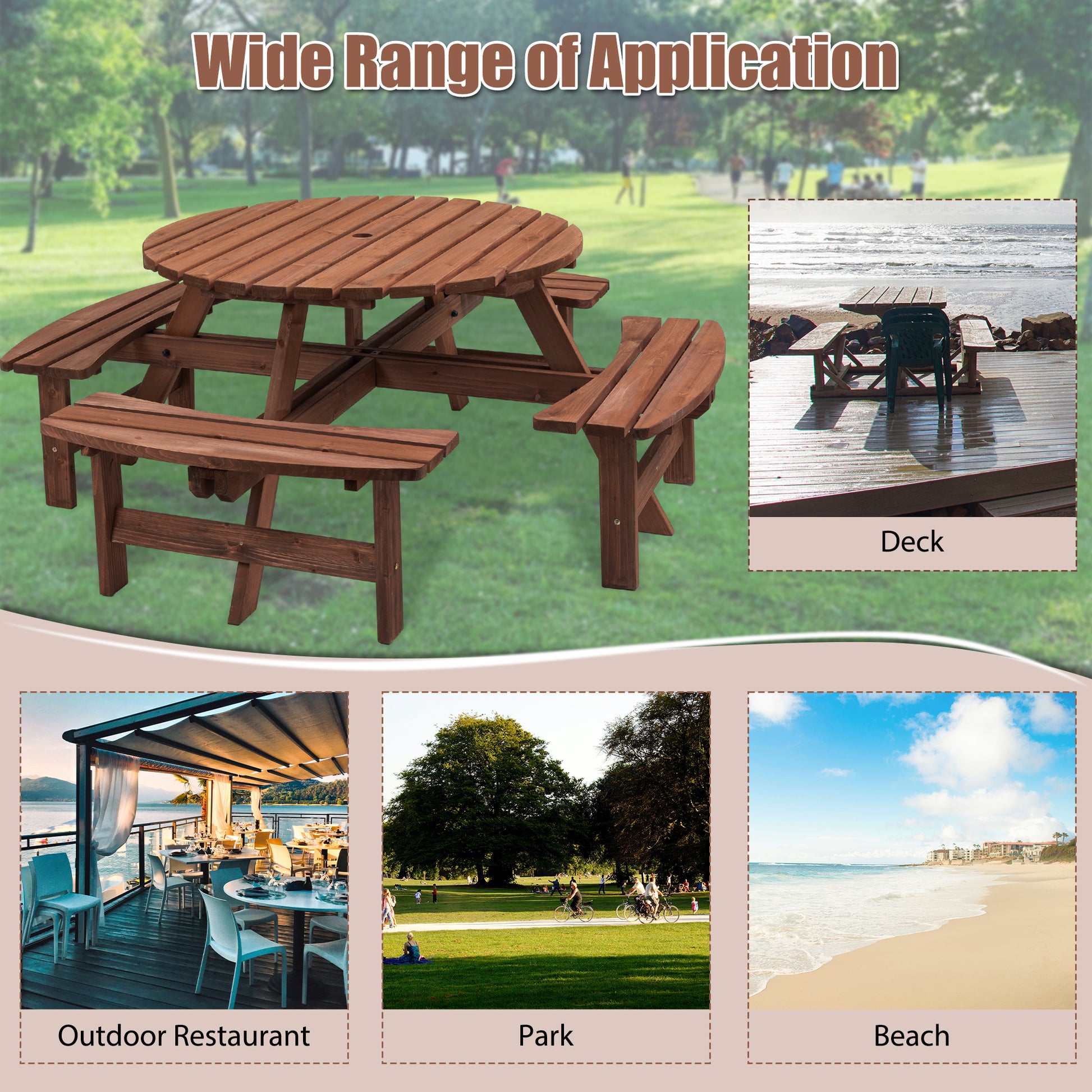 8 Person Wooden Picnic Table, Outdoor Camping Dining Table With Seat, Garden, Diy W 4 Built In Benches, 2220Lb Capacity Brown Solid Wood