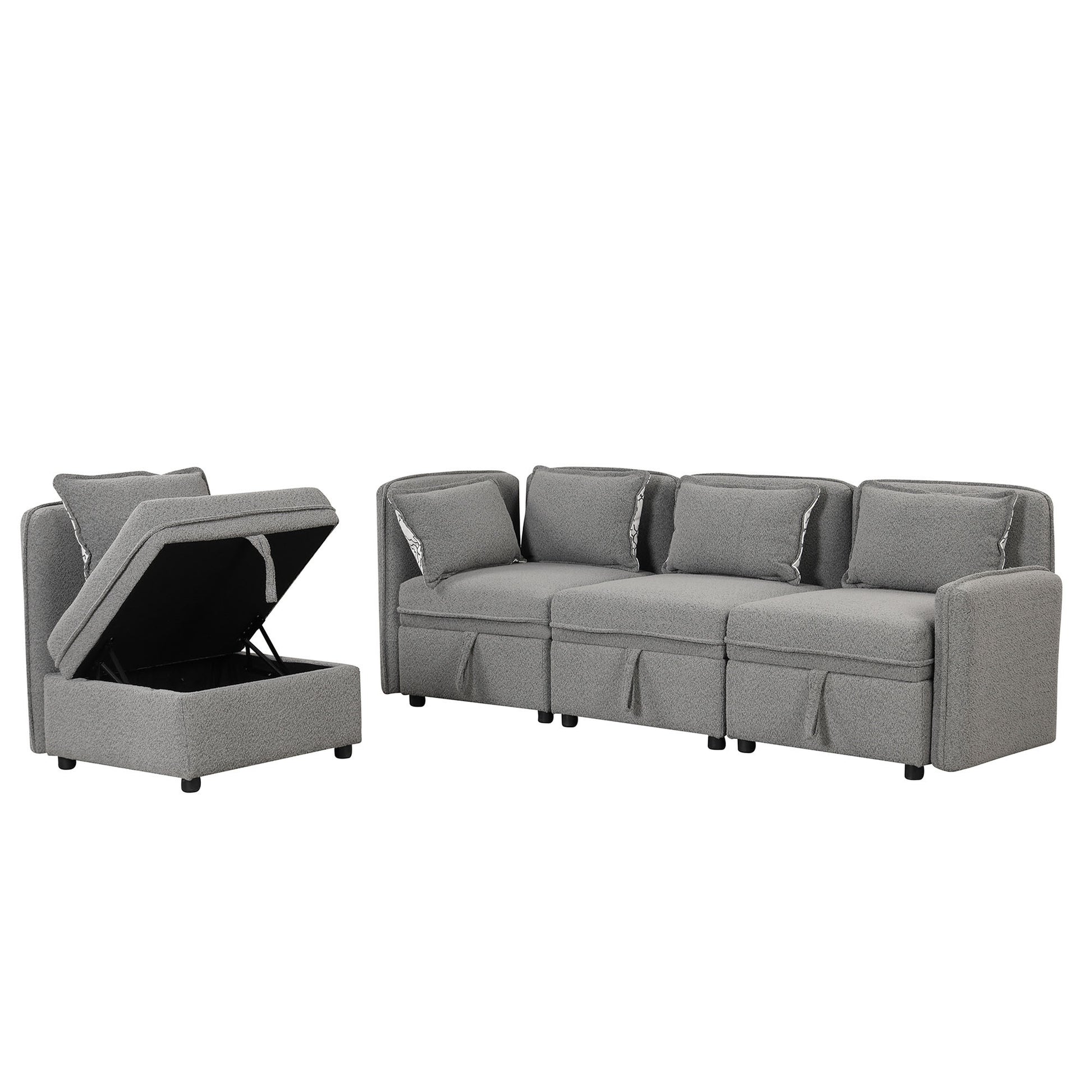 122.8" Convertible Modular Minimalist Sofa Free Combination 4 Seater Sofa Chenille Fabric Sectional Sofa With 5 Pillows For Living Room, Office, Apartment, Small Space, Gray Gray Foam Chenille 4 Seat