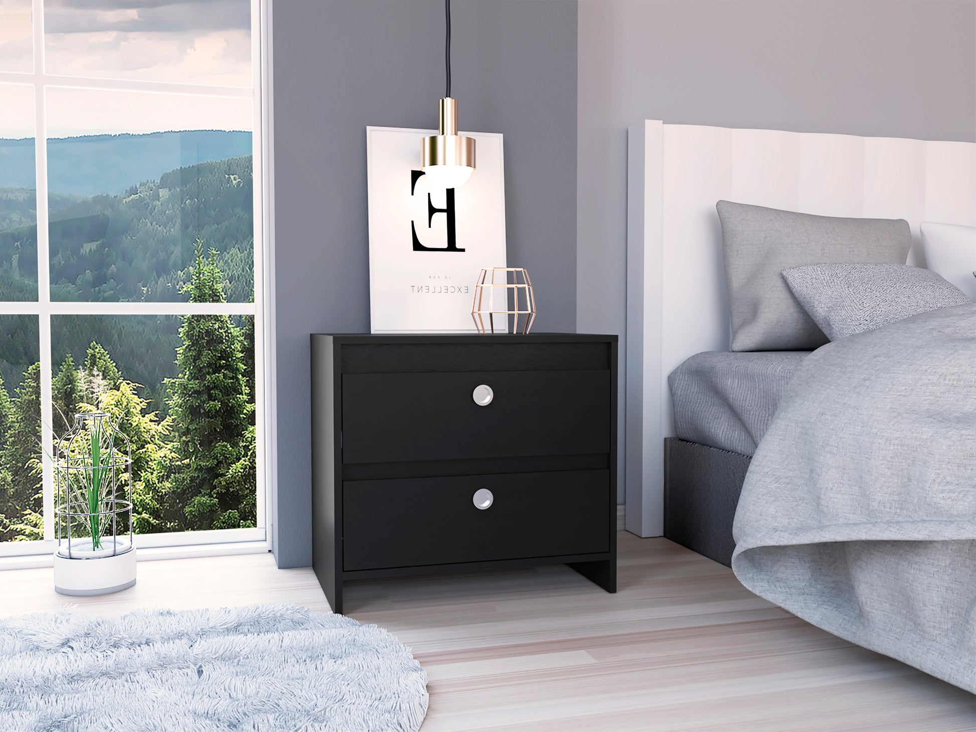 Nightstand Dreams, Two Drawers, Black Wengue Finish Black Particle Board
