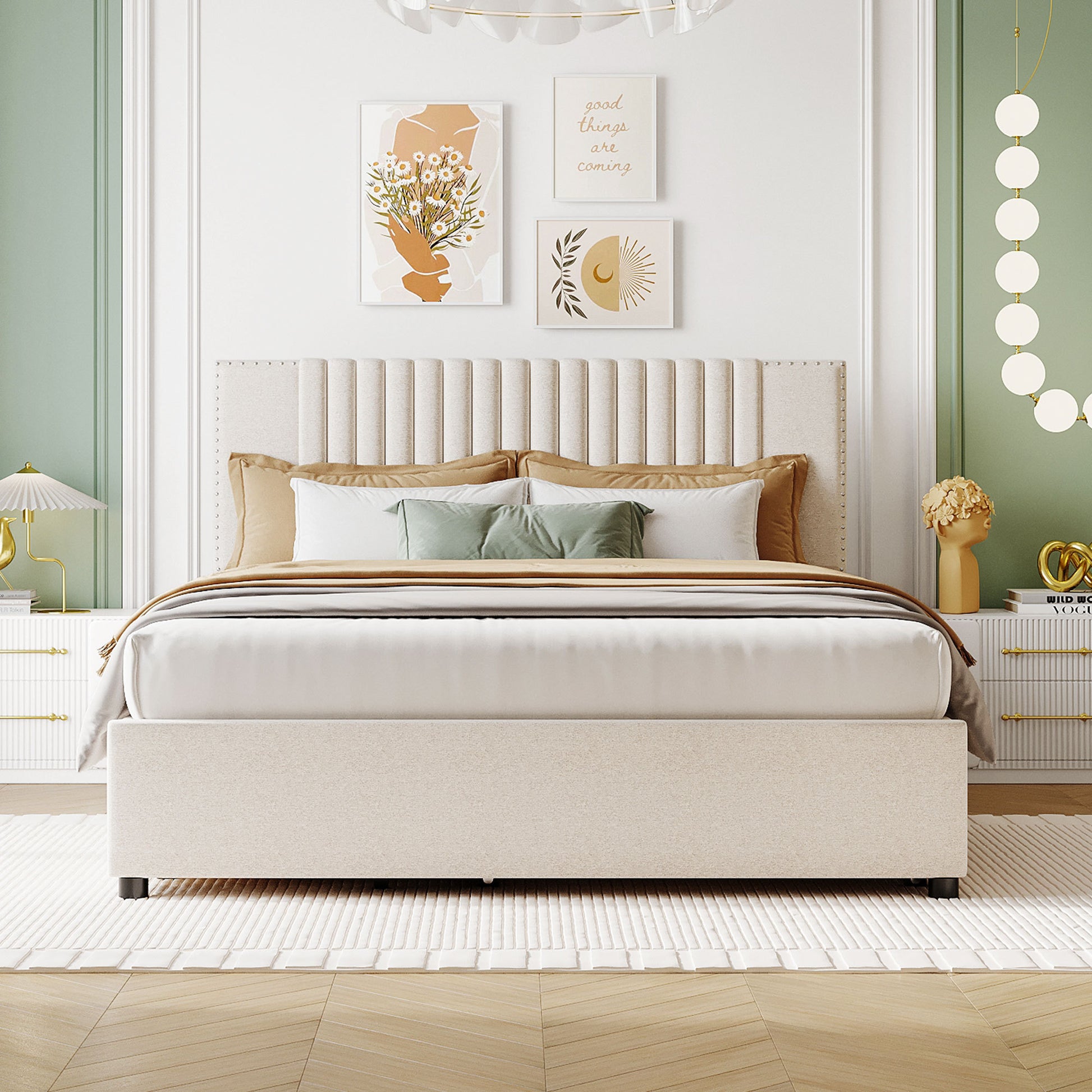 Queen Size Upholstered Platform Bed With 2 Drawers And 1 Twin Xl Trundle, Classic Headboard Design, Beige Beige Linen