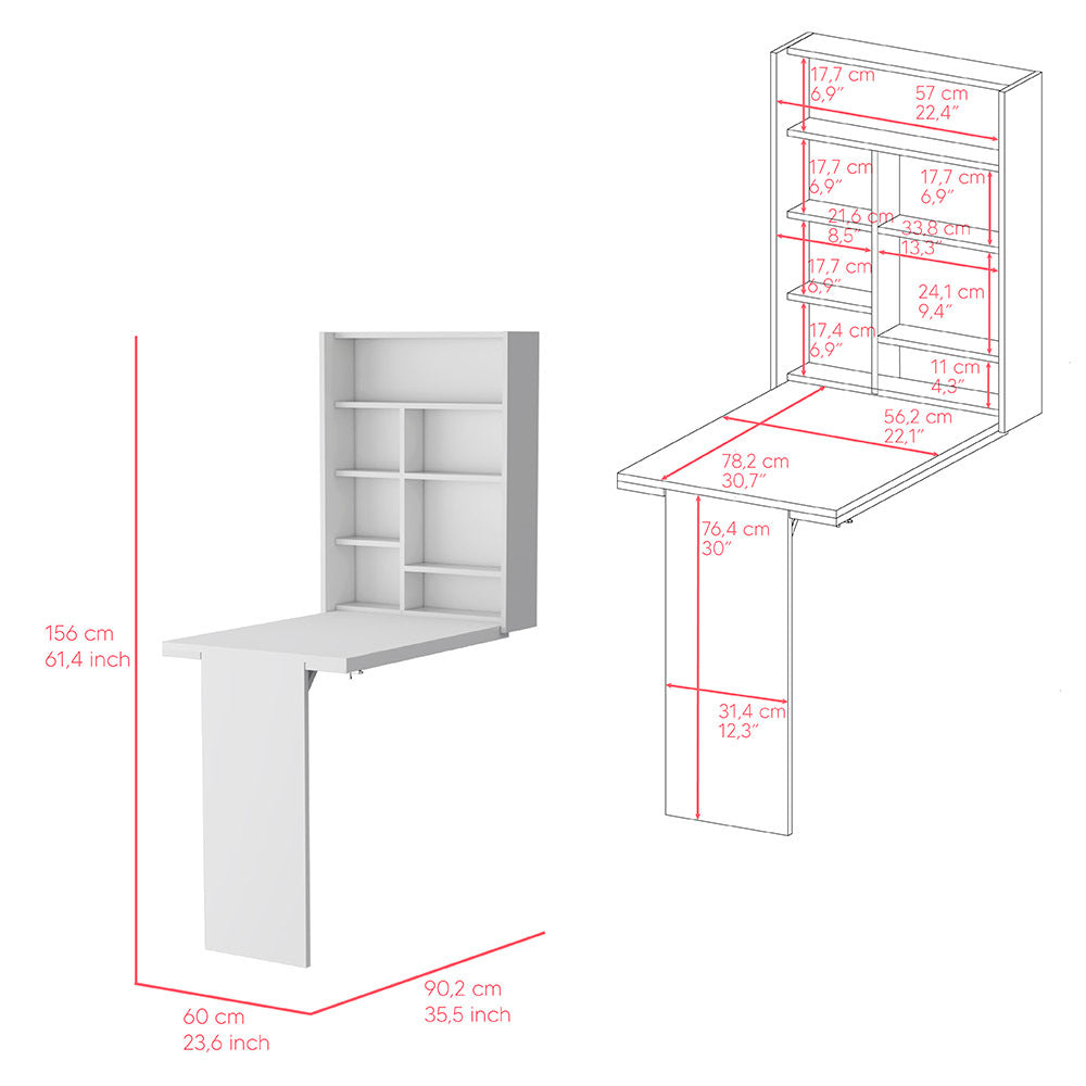 Foldable Table Tacoma, Seven Interior Shelves, White Finish White Particle Board