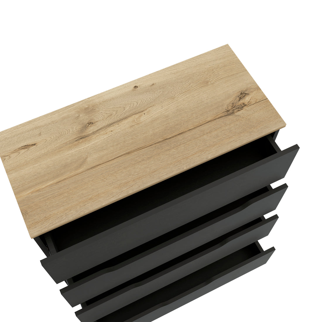 Dresser Oboe, Superior Top, Four Drawers, Black Wengue Light Oak Finish Light Oak Particle Board