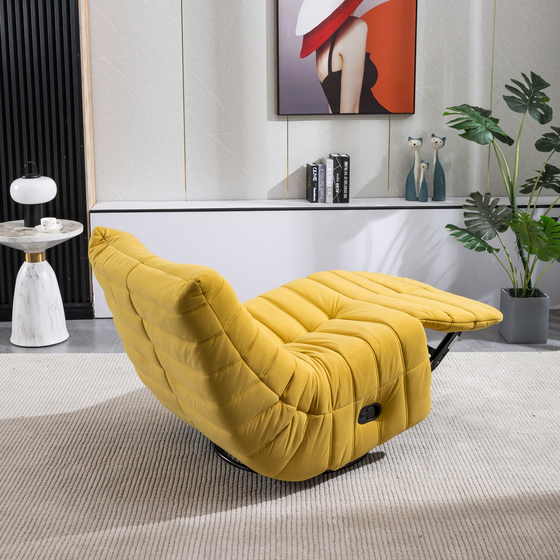 Swivel And Rocking Velvet Recliner, Reclining Chair With Adjustable Footrest And Side Pocket Yellow Velvet