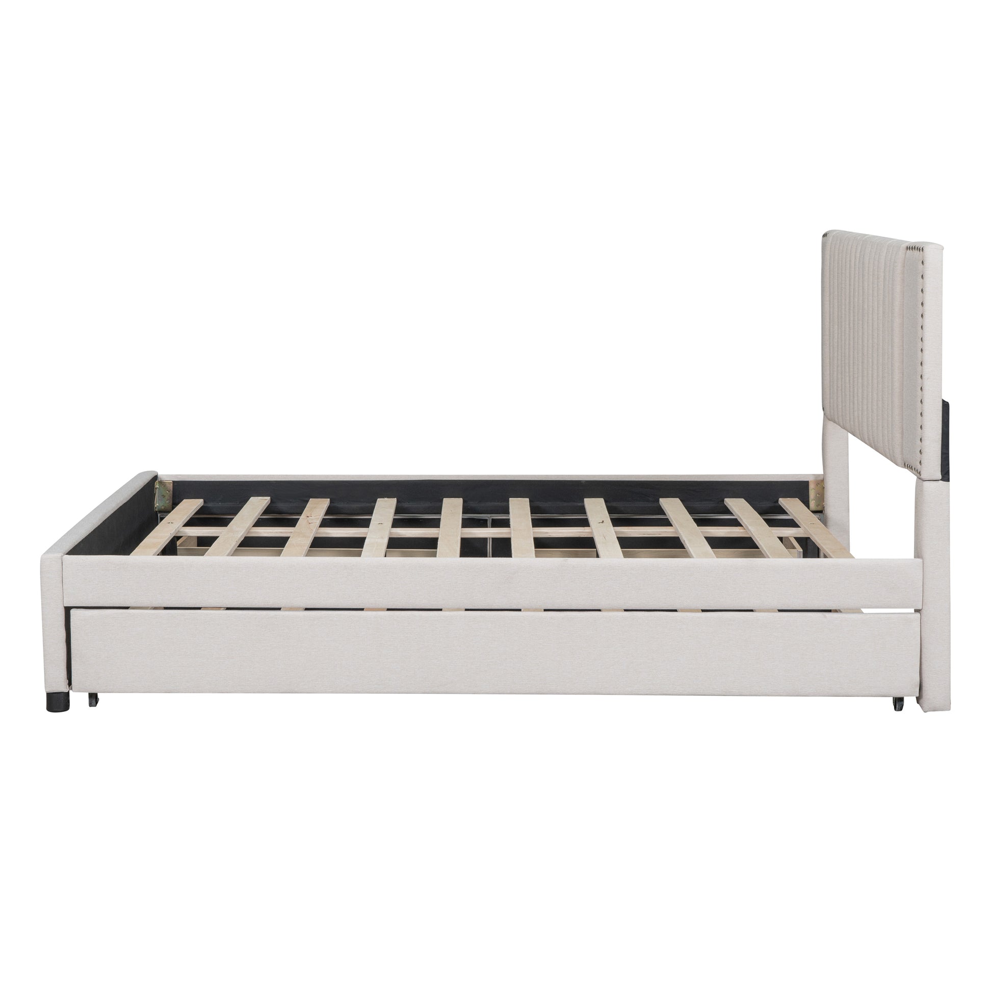 Queen Size Upholstered Platform Bed With 2 Drawers And 1 Twin Xl Trundle, Classic Headboard Design, Beige Beige Linen