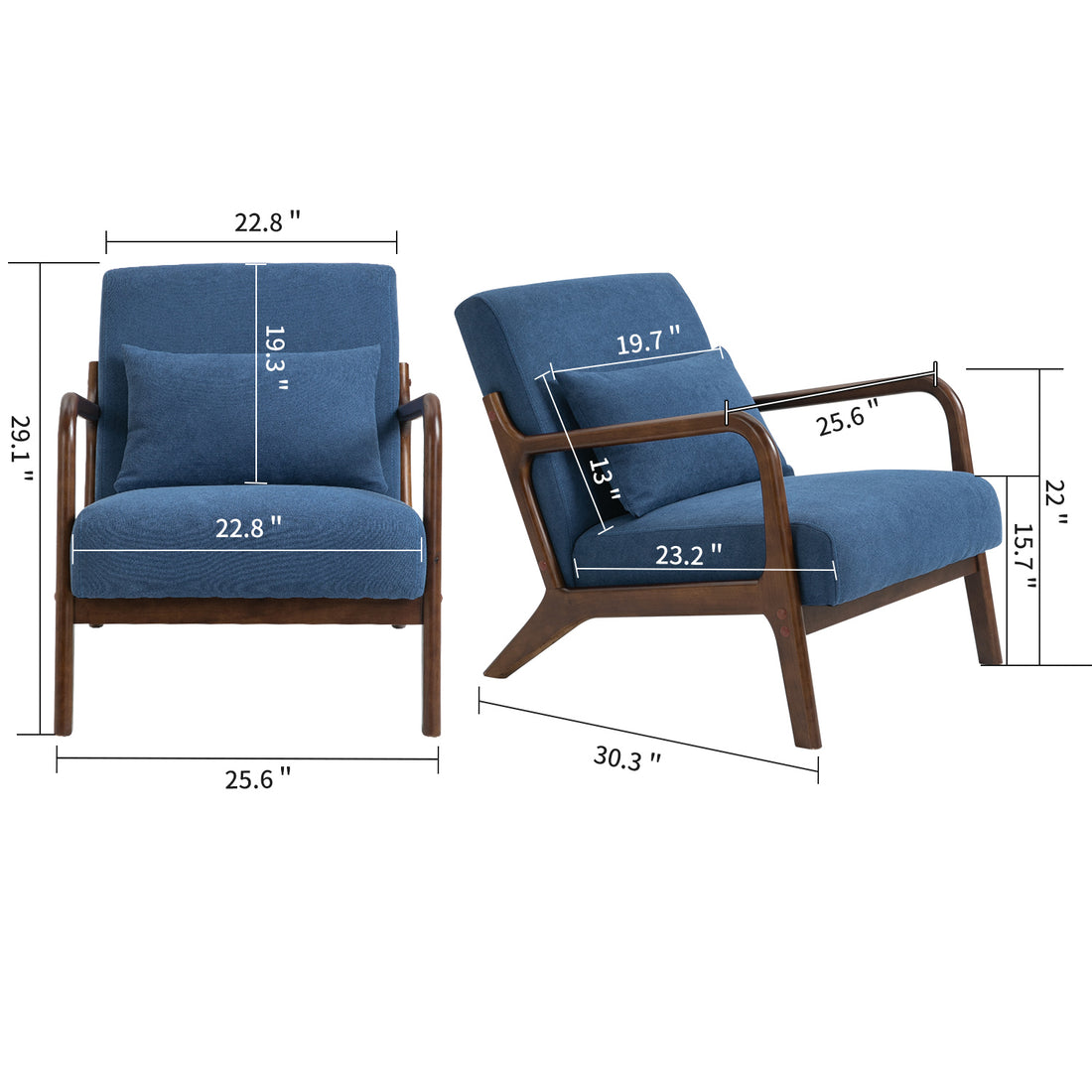 Mid Century Modern Accent Chair With Wood Frame, Upholstered Living Room Chairs With Waist Cushion, Reading Armchair For Bedroom Sunroom Blue Cotton Velvet
