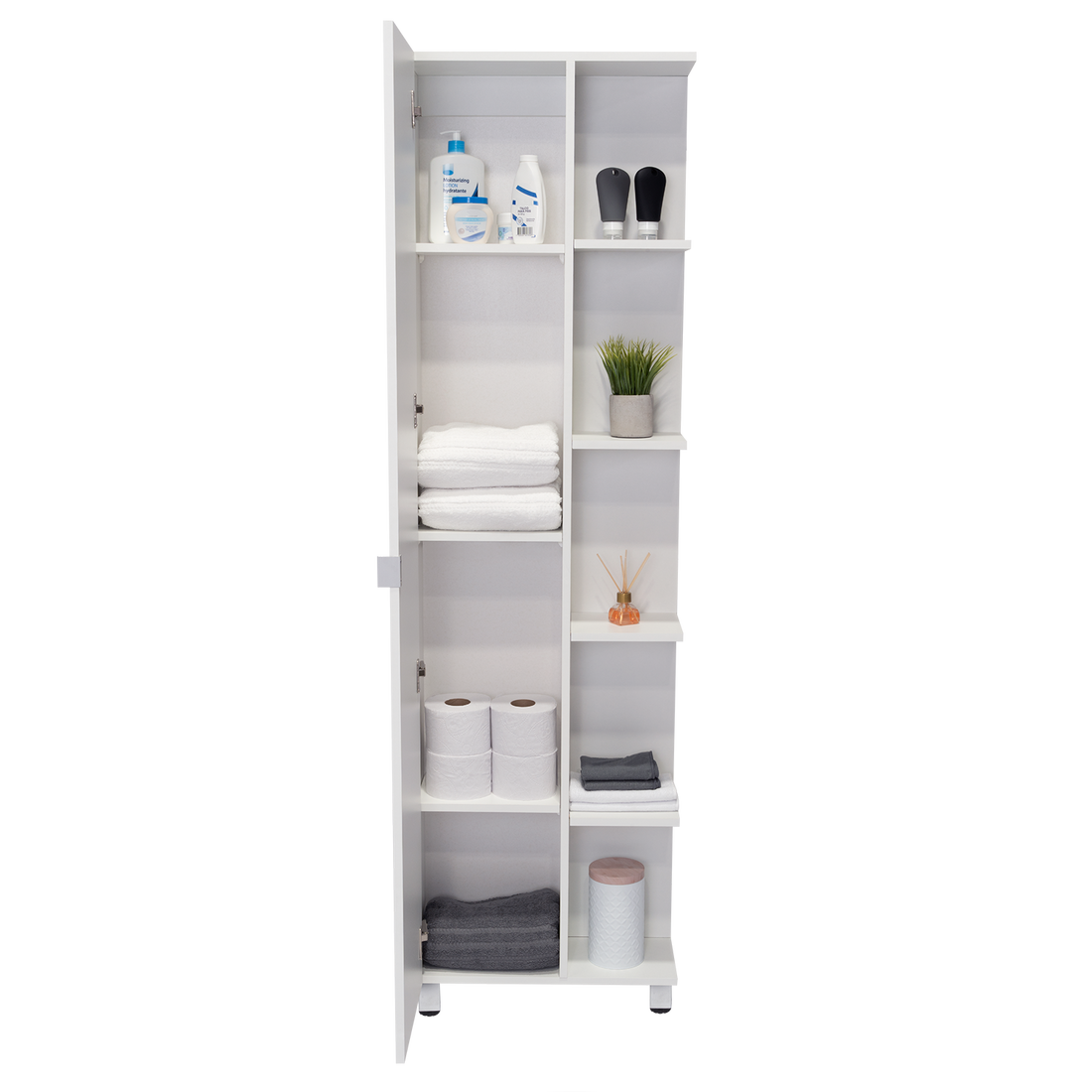 Corner Cabinet Womppi, Five Open Shelves, Single Door, White Finish White Particle Board