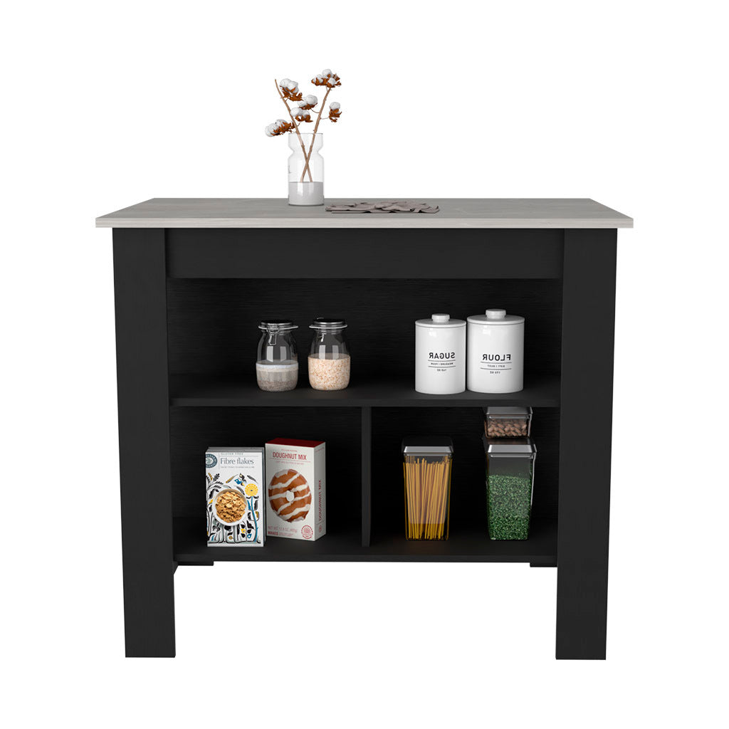 Kitchen Island Dozza, Three Shelves, Black Ibiza Marble Color Finish Multicolor Particle Board