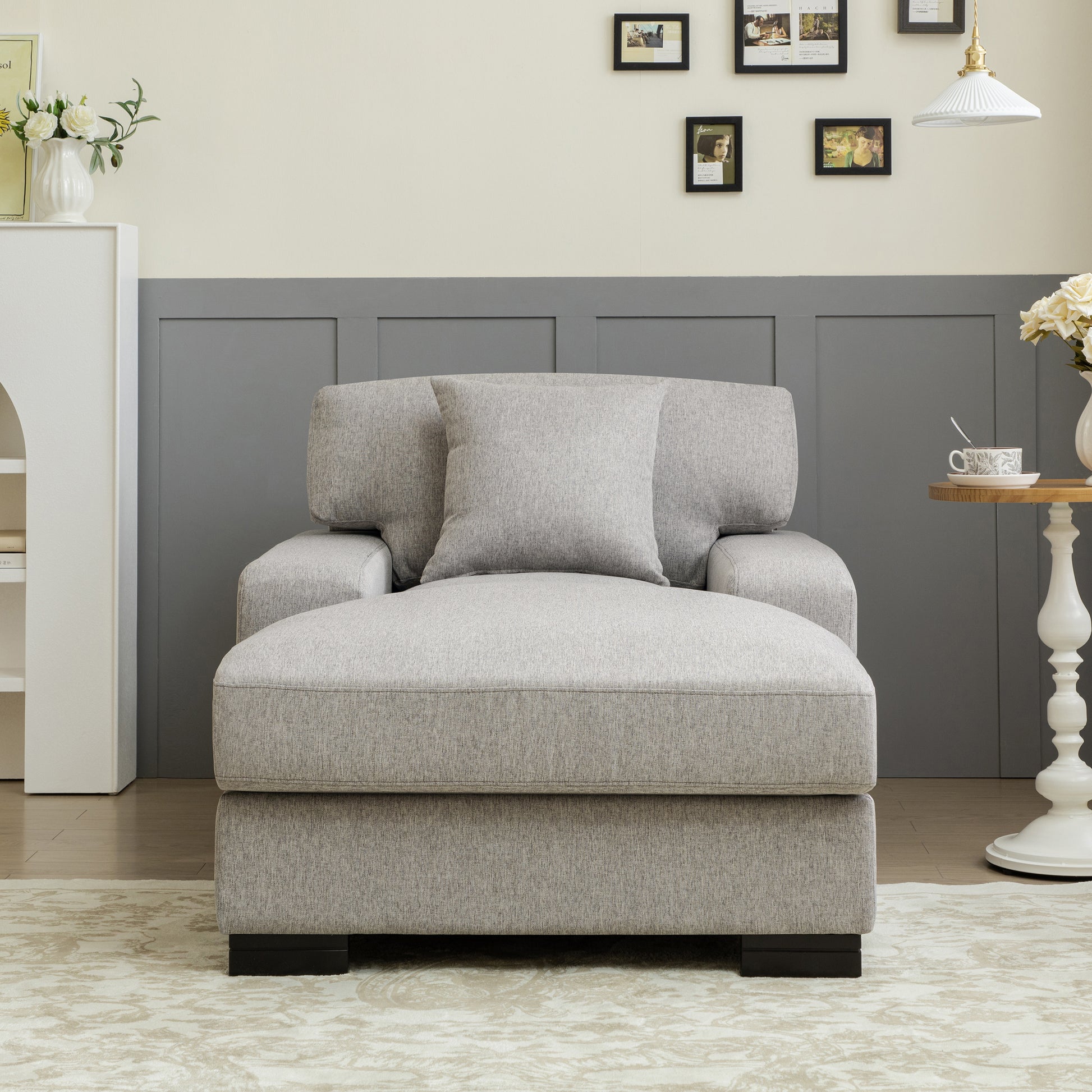 Modern Mid Century Indoor Oversized Chaise Lounger Comfort Sleeper Sofa With Pillow And Soild Wood Legs, Linen, Gray Gray Linen