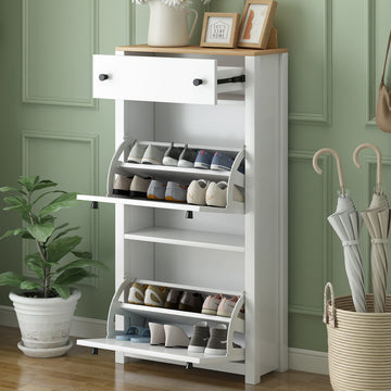 Functional Entryway Organizer With 2 Flip Drawers, Wood Grain Pattern Top Shoe Cabinet With Drawer, Free Standing Shoe Rack With Adjustable Panel For Hallway, White Freestanding 3 4 Drawers White Primary Living Space Adjustable Shelves Particle Board