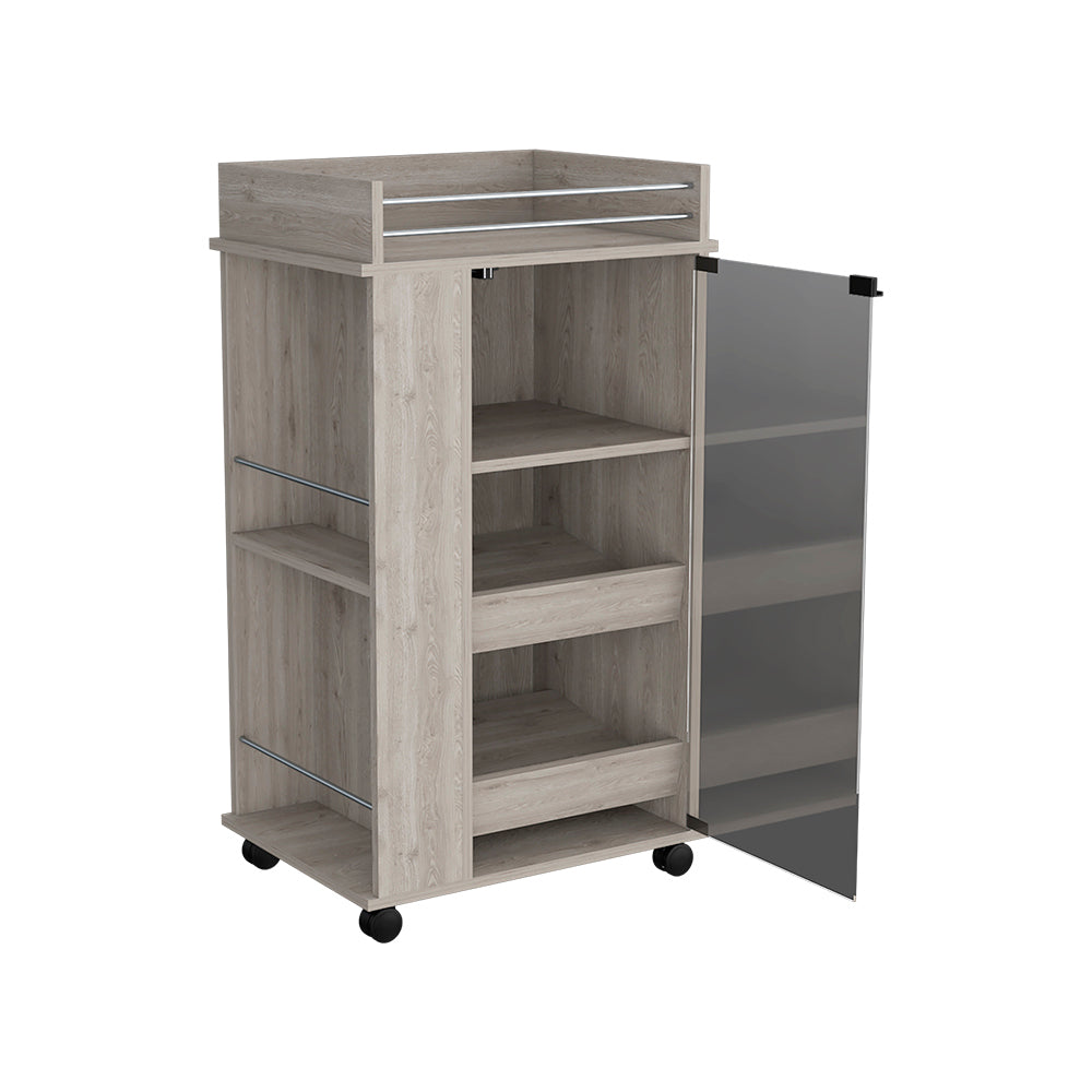 Bar Cart With Two Side Shelves Beaver, Glass Door And Upper Surface, Light Gray Finish Light Gray Particle Board