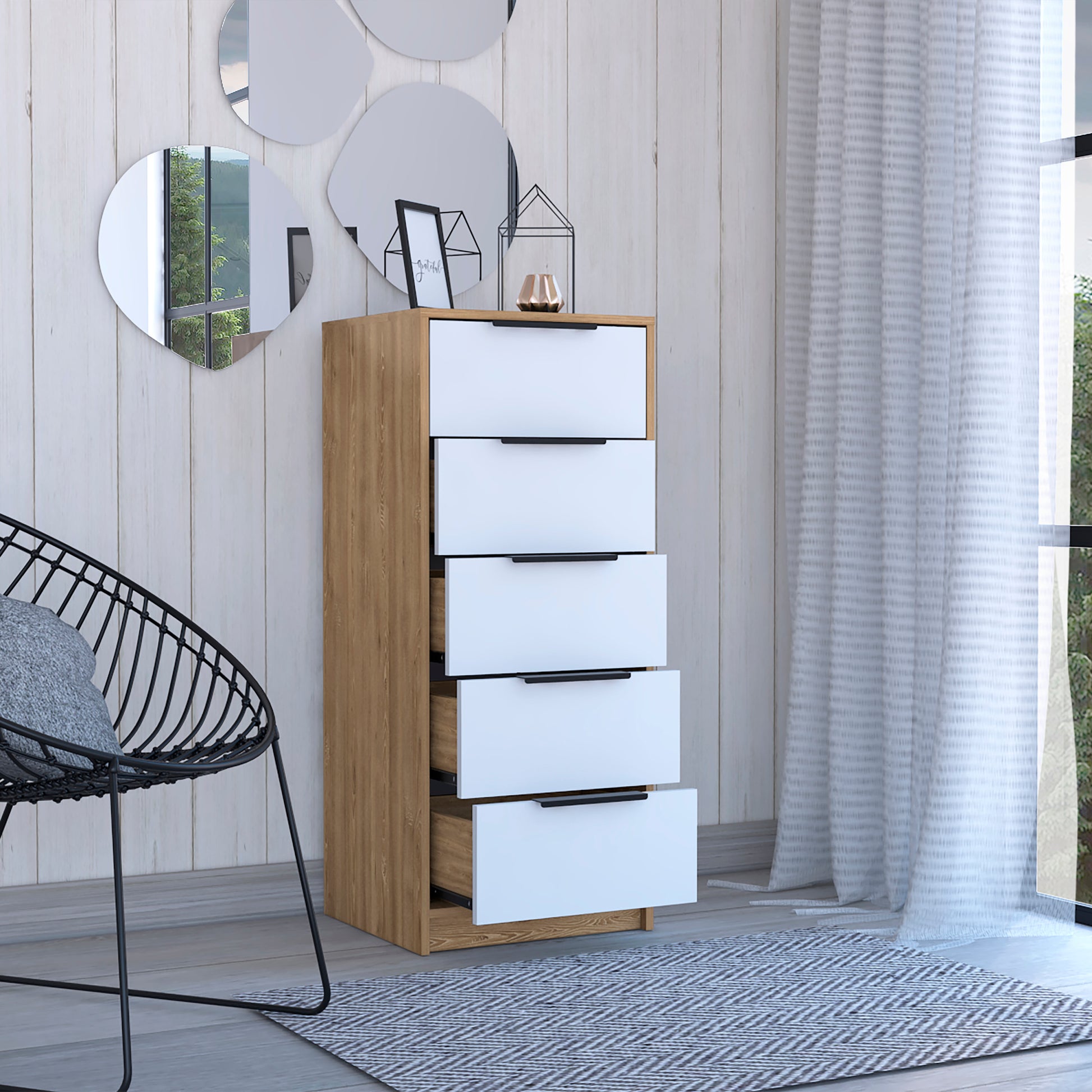 5 Drawers Dresser Maryland, Metal Handle, White Pine Finish Multicolor Particle Board