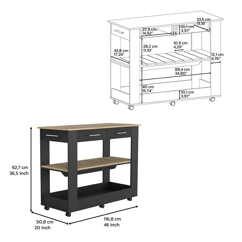 Kitchen Island 46 Inches Dozza, Two Drawers, Black Wengue Light Oak Finish Light Oak Particle Board