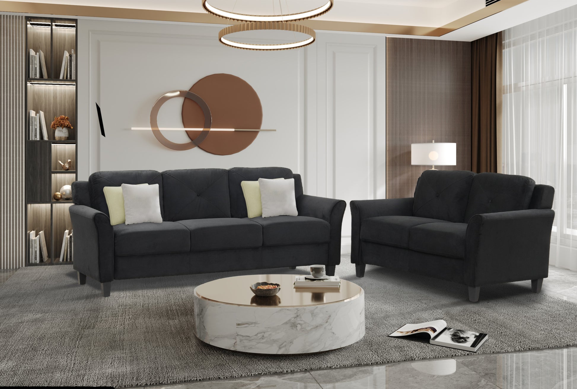 Fashionable Living Room Sofa For 3 People, Black Fabric Antique Black Brown Polyester Wood Primary Living Space Soft American Traditional Rubberwood Memory Foam And Polyurethane Foam Polyester 3 Seat