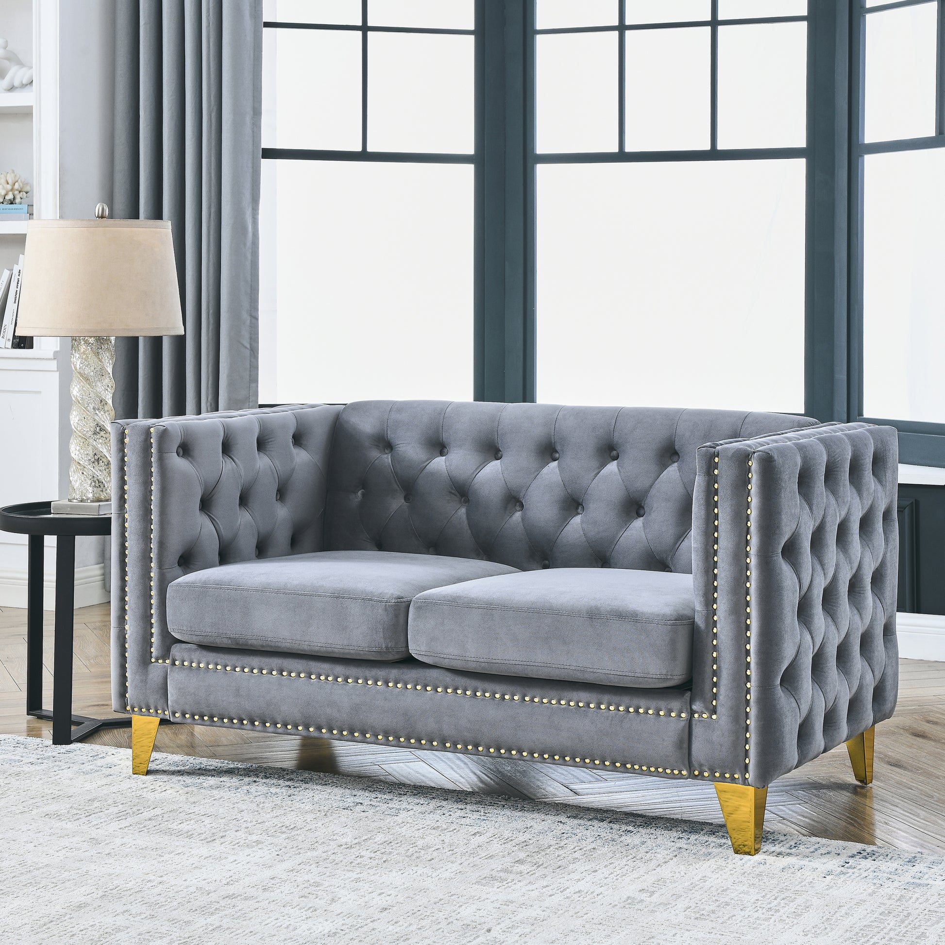Contact Us For 3D Modeling Velvet Sofa For Living Room,Buttons Tufted Square Arm Couch, Modern Couch Upholstered Button And Metal Legs, Sofa Couch For Bedroom, Grey Velvet 2S W834S00051 Gray Foam Velvet