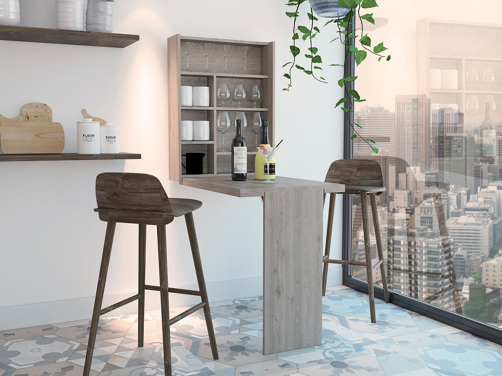 Foldable Table Tacoma, Seven Interior Shelves, Light Gray Finish Light Gray Particle Board