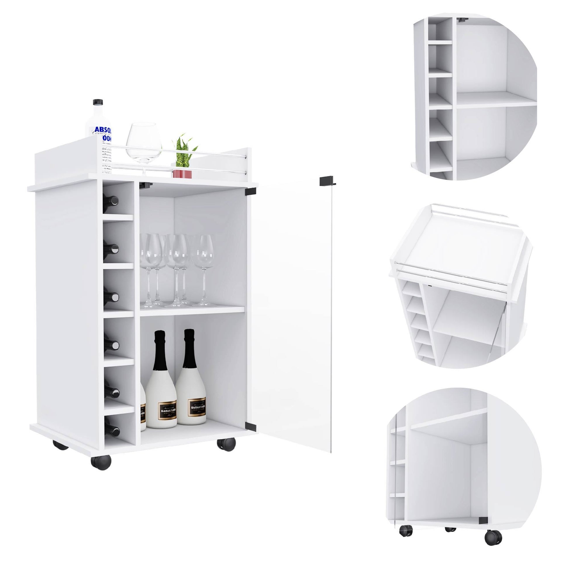 Bar Cart Baltimore, Six Wine Cubbies, Glass Door, Four Caster, Two Shelves, White Finish White Particle Board