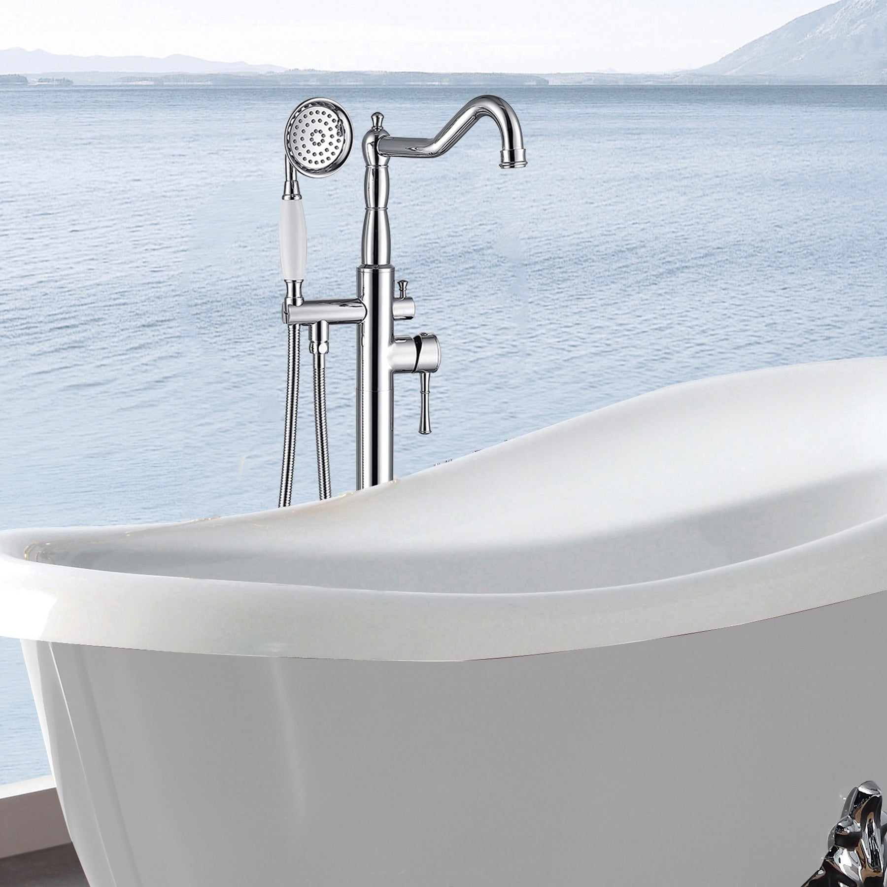 Freestanding Bathtub Faucet With Hand Shower Chrome Metal