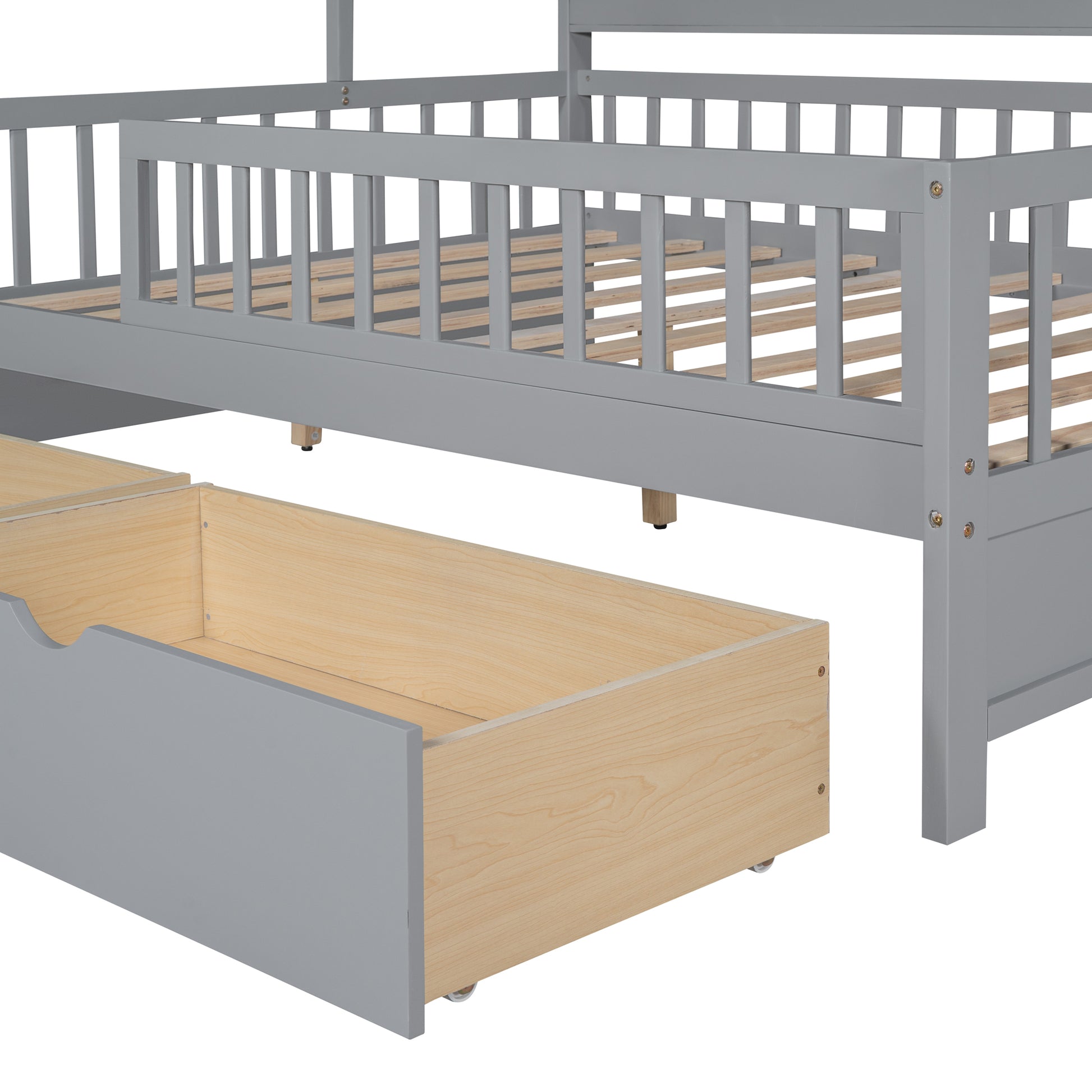 Wooden Full Size House Bed With 2 Drawers,Kids Bed With Storage Shelf, Gray Gray Wood