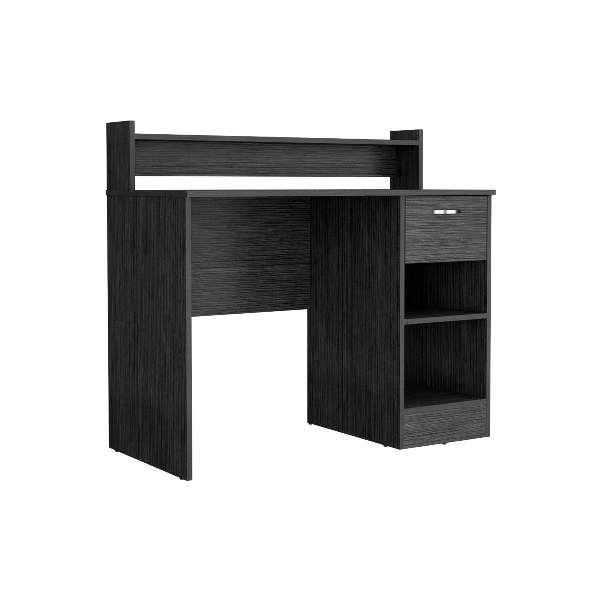 Computer Desk Delmar With Open Storage Shelves And Single Drawer, Smokey Oak Finish Gray Particle Board