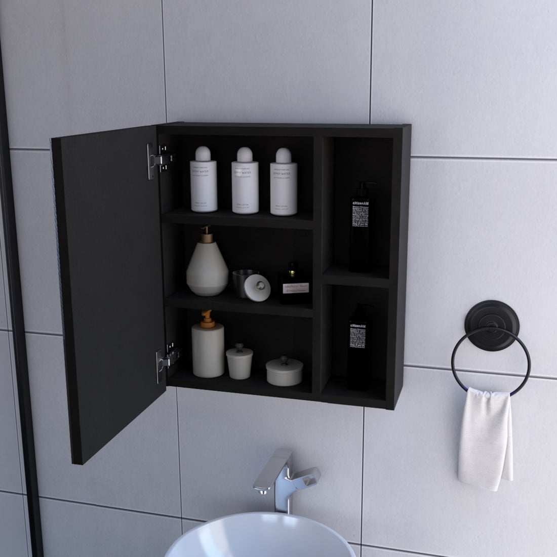 Medicine Cabinet Mirror Clifton, Five Internal Shelves, Black Wengue Finish Black Particle Board