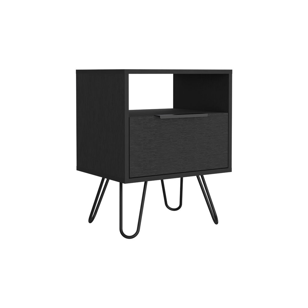 Nightstand Skyoner, Single Drawer, Hairpin Legs, Black Wengue Finish Black Particle Board