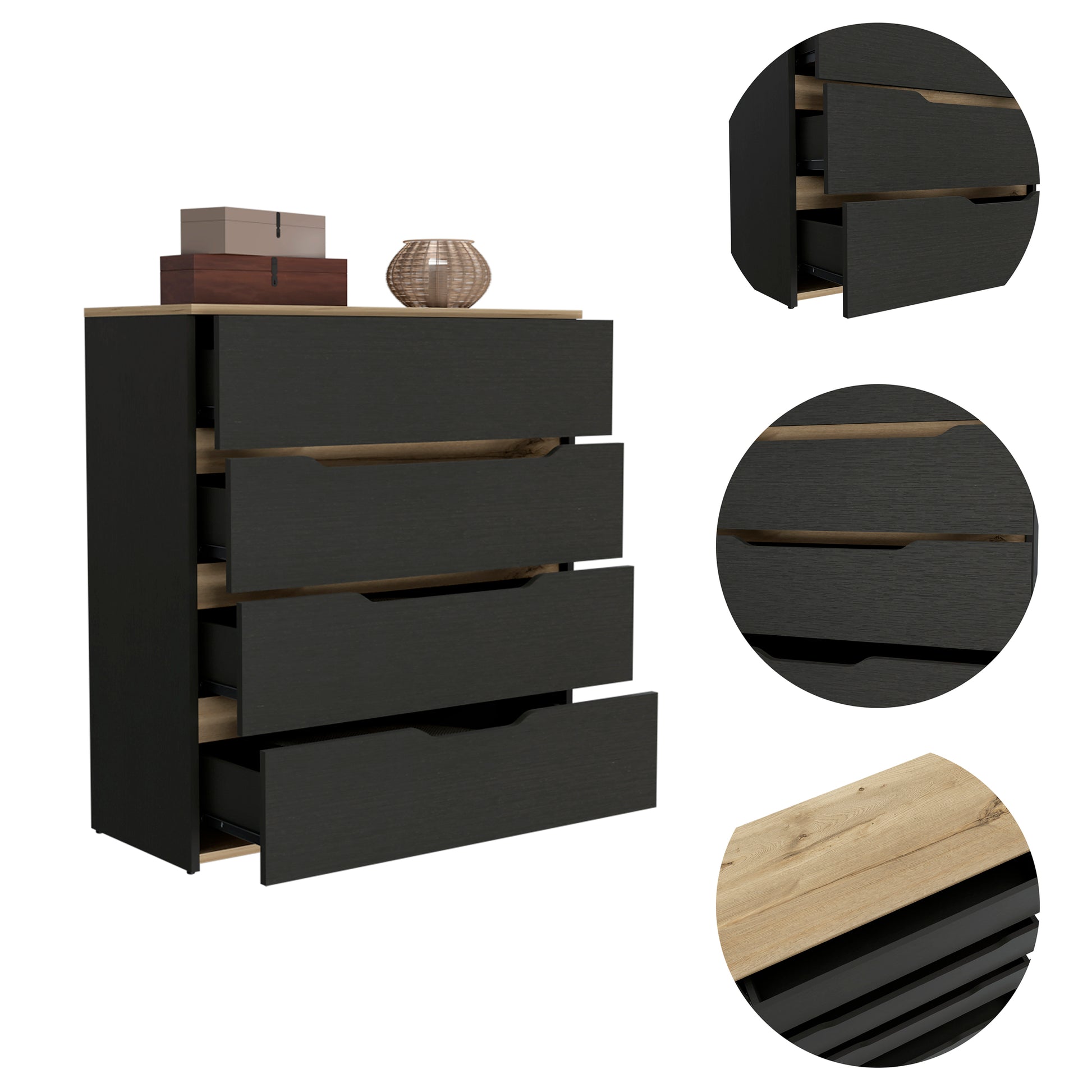 Dresser Oboe, Superior Top, Four Drawers, Black Wengue Light Oak Finish Light Oak Particle Board