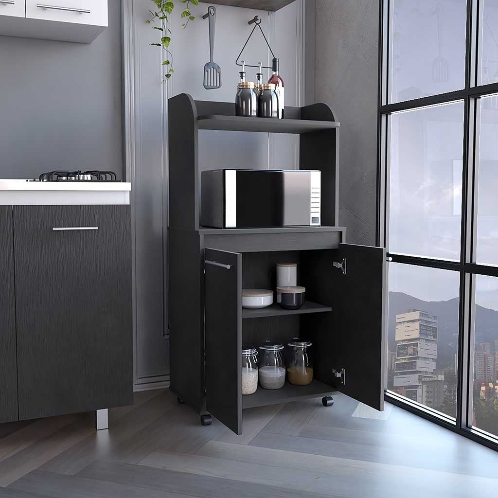 Kitchen Cart Totti, Double Door Cabinet, One Open Shelf, Two Interior Shelves, Black Wengue Finish White Particle Board